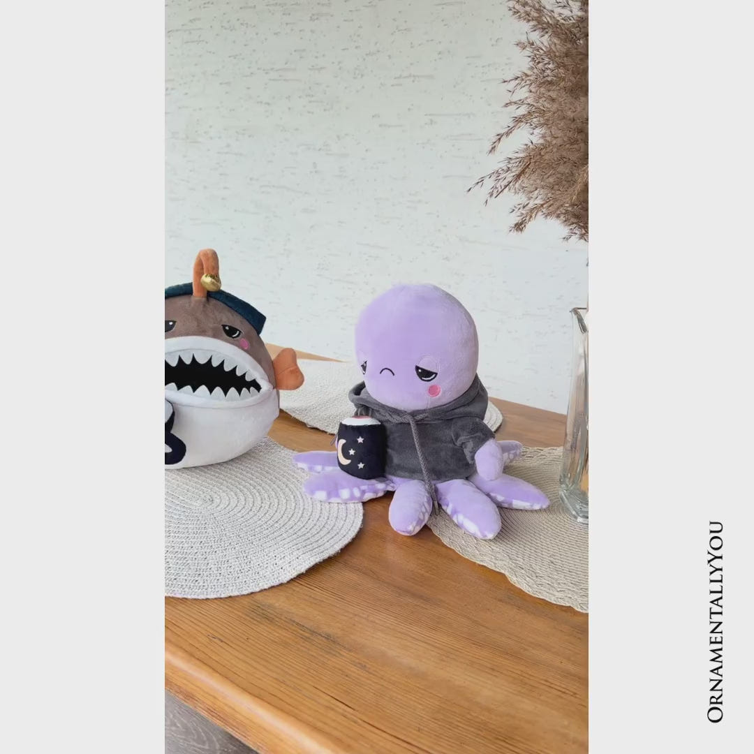 Lumi Anglerfish and Inky Octopus Plush Set, 9.7" Deep Sea Stuffed Animal Friends with Cocoa Mugs