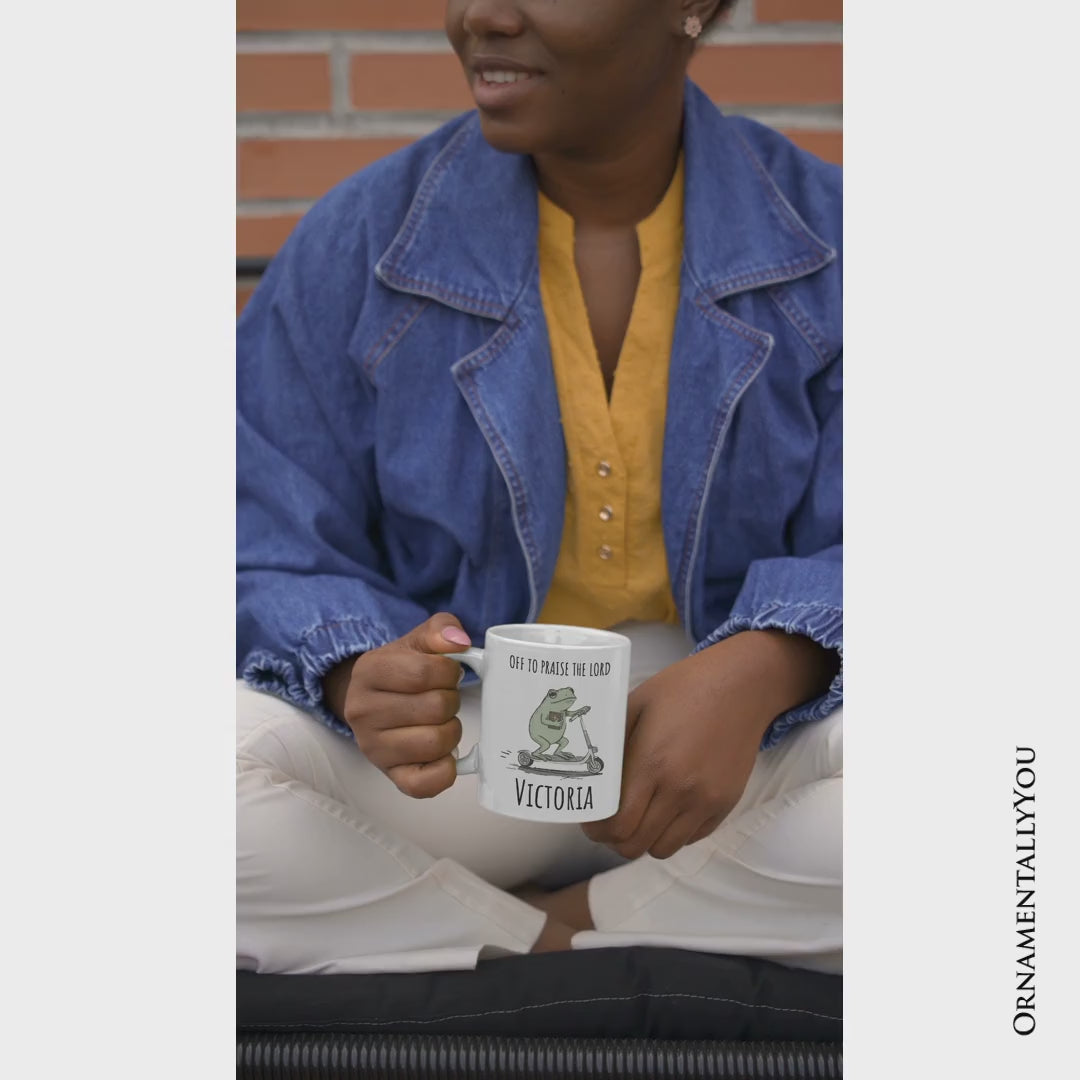 Off to Praise the Lord Funny Frog Personalized Mug, Christian Faith Humor Jesus Gift with Custom Name