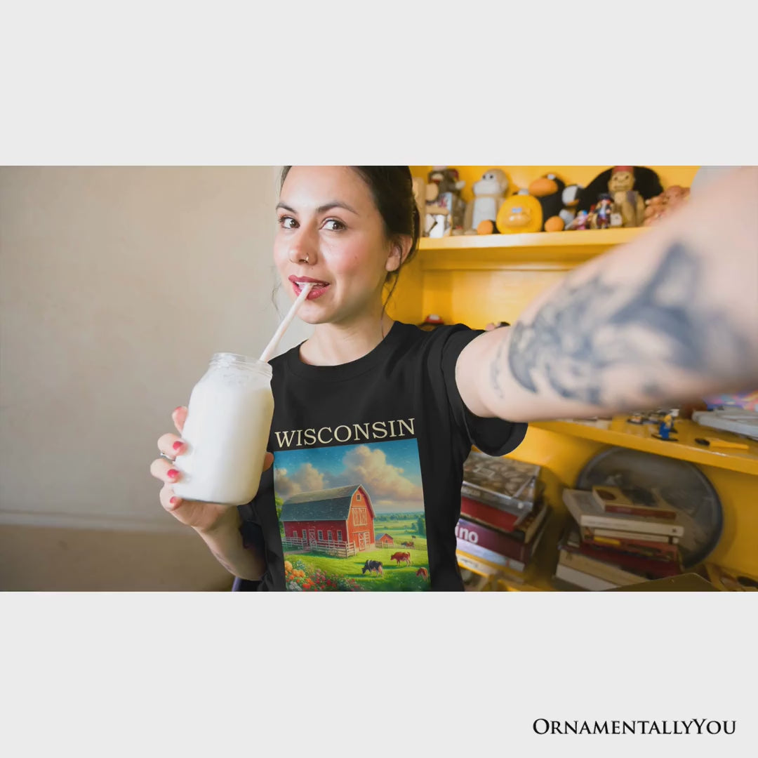 Vintage Wisconsin Farm Landscape T-Shirt, Midwest Red Barn Tee and Countryside Souvenir