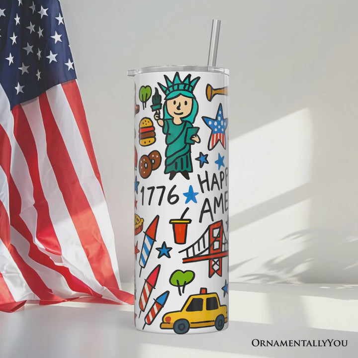 Happy 250 America Doodle 20oz Personalized Tumbler With Lid and Stainless Steel Straw, Patriotic USA 1776-2026 250th Anniversary Gift Cup