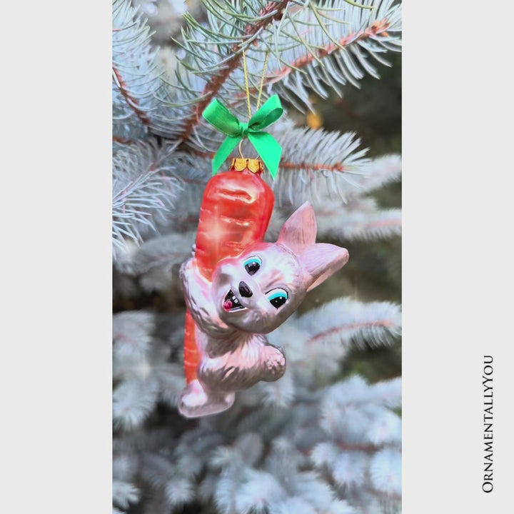 (Pre-Order) Playful Bunny Hanging on Carrot Glass Ornament, Christmas Gift for Kids