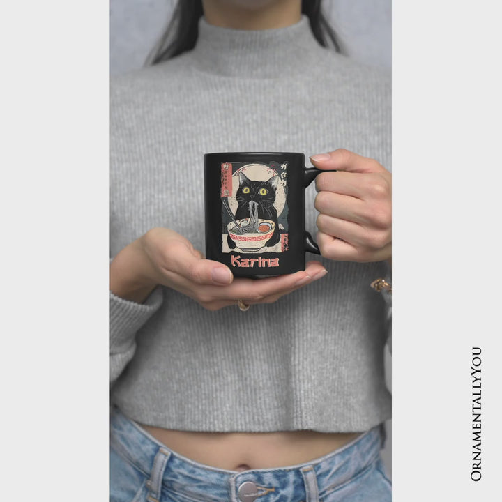 Kawaii Anime Cat Eating Ramen Personalized Mug, Noodle Japanese Art Style Gift with Custom Name