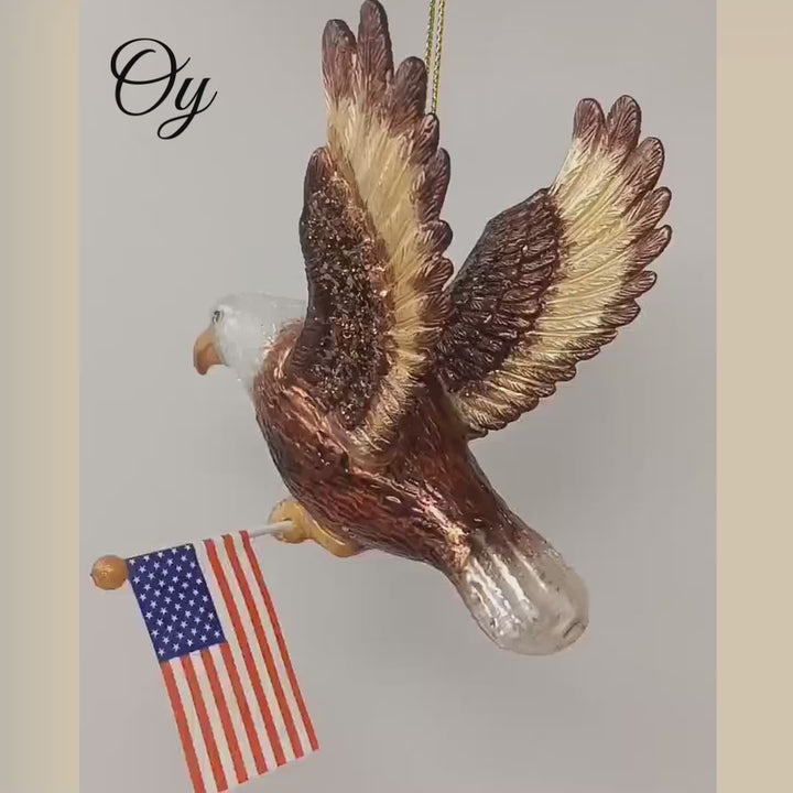 American Bald Eagle Patriotic Glass Ornament, USA Flag Christmas Decor