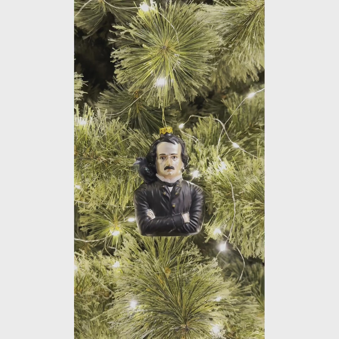 Edgar Allan Poe Glass Christmas Ornament, Spooky Halloween Horror Decor