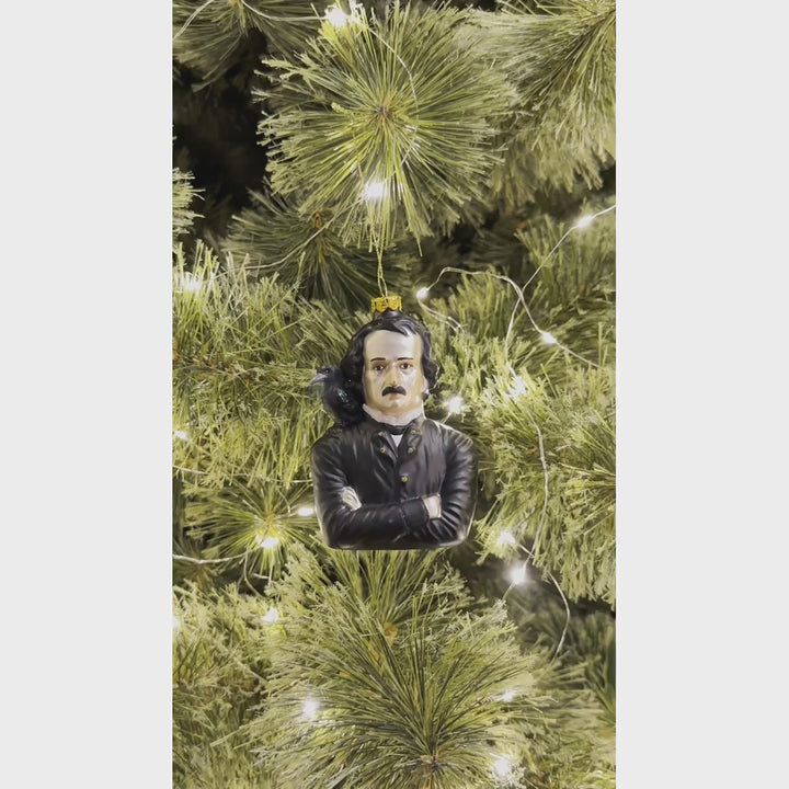 Edgar Allan Poe Glass Christmas Ornament, Spooky Halloween Horror Decor