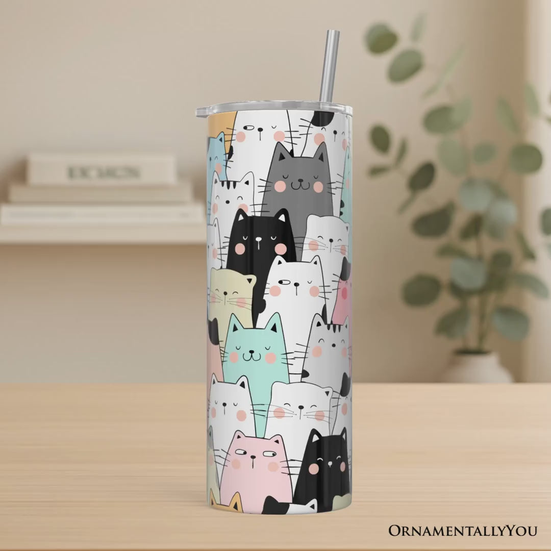 Cute Cats 20oz Personalized Tumbler With Lid and Stainless Steel Straw, Cozy Cat Owner Travel Mug Gift