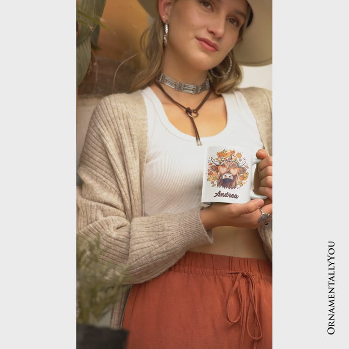 Fall Highland Cow Personalized Mug, Messy Bun Howdy Gift with Autumn Vibes and Custom Name