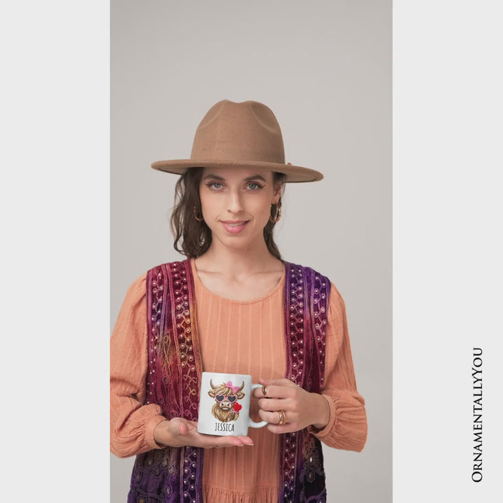 Highland Cow Faux-Yarn Valentine Personalized Mug, Cute Knit Coquette Gift with Custom Name