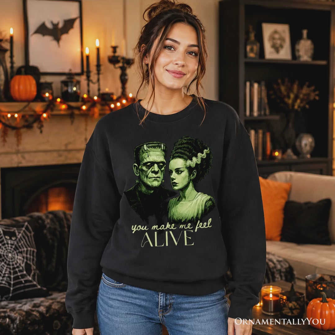 Frankenstein And Bride You Make Me Feel Alive Sweatshirt, Valentine Retro Horror Couples Love Sweater