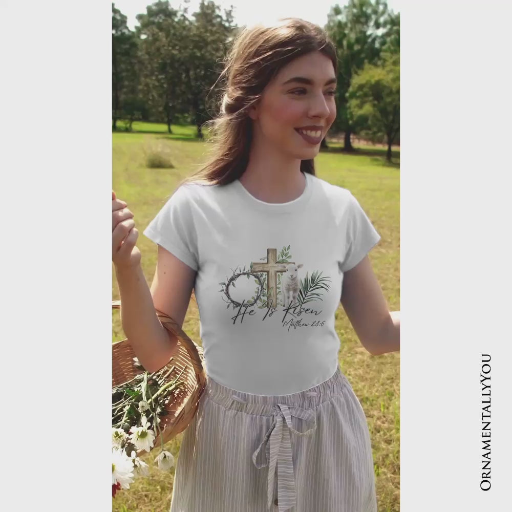 He Is Risen Lamb Cross Christian Easter T-Shirt, Bible Verse Matthew 28:6 Tee