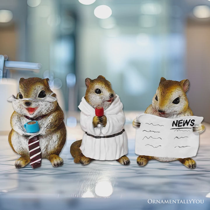 Whimsical Chipmunk Trio Set of Three Figurines, 5" Cute Desk Decor and Garden Statues