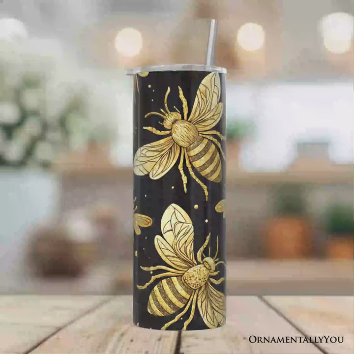 Black and Gold Bee Pattern 20oz Personalized Tumbler With Lid and Stainless Steel Straw, Elegant Apiarist Gift Cup