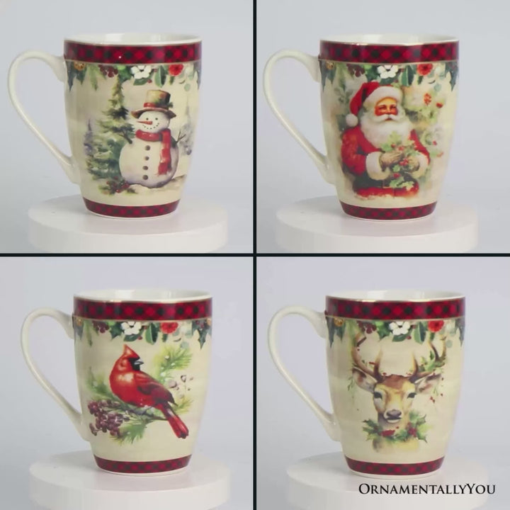 Festive Country Plaid Set of 4 Ceramic Mugs with Real Gold Trim, Christmas Kitchen Coffee Cup Gift with Santa, Cardinal, Deer, and Snowman