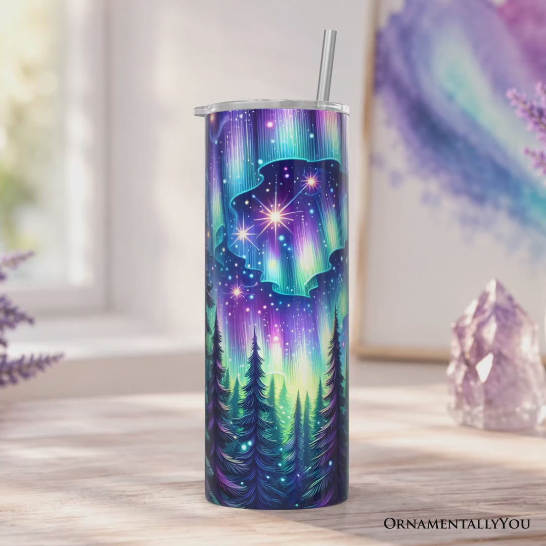 Northern Lights Aurora Owl 20oz Personalized Tumbler With Lid and Stainless Steel Straw, Magical Woodland Gift Cup