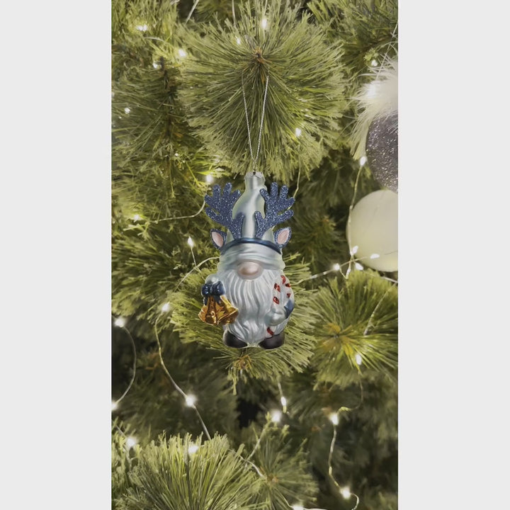 Charming Blue Gnome with Antlers Glass Christmas Ornament