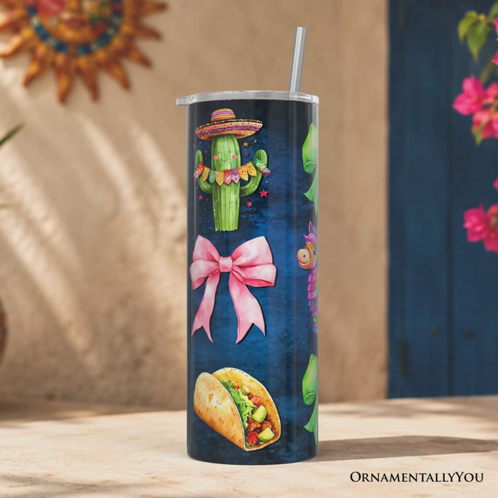 Cinco De Mayo Coquette Bow 20oz Personalized Tumbler With Lid and Stainless Steel Straw, Mexican Fiesta Maracas Gift Cup