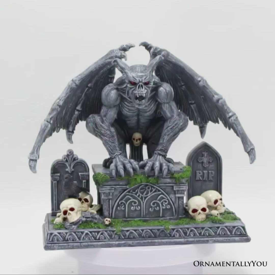 Grave Guardian Gargoyle Figurine, 7" Solar Powered Gothic Halloween Garden Statue