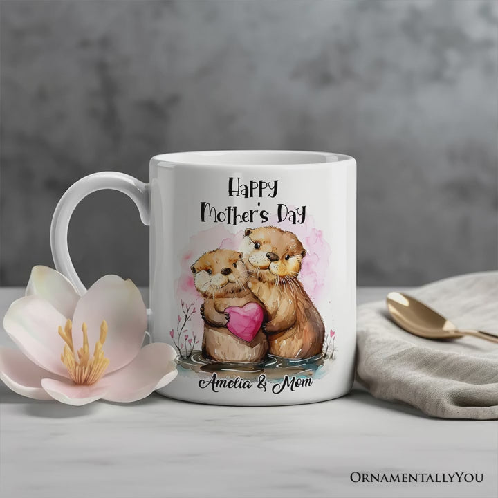 Cute Otters Mother’s Day Themed Custom Mug, Personalized Art Animal Mom and Daughter Gift