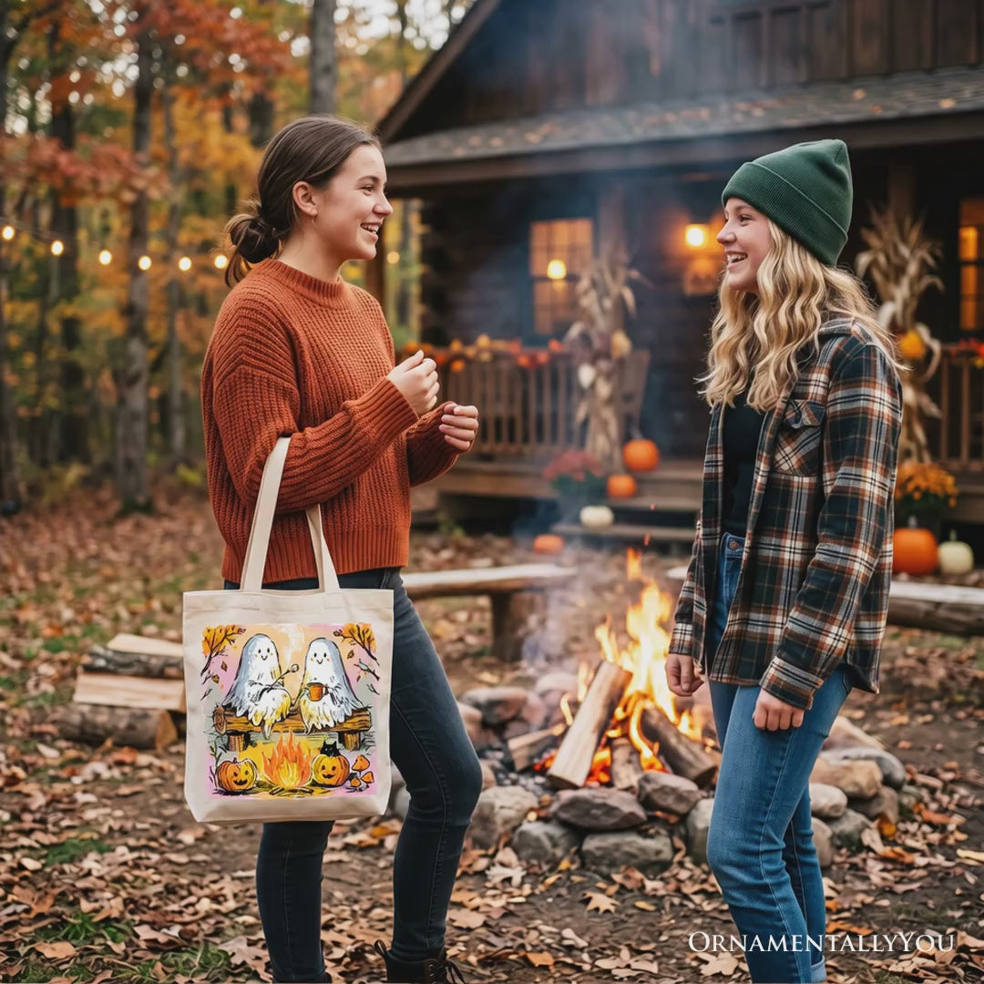 Cozy Campfire Ghosts Tote Bag, Fall Halloween Pumpkin Gift Shopper