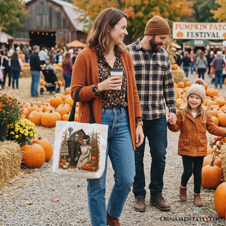 Frankenstein Couple Pumpkin Patch Tote Bag, Vintage Halloween Fall Festival Gift Shopper