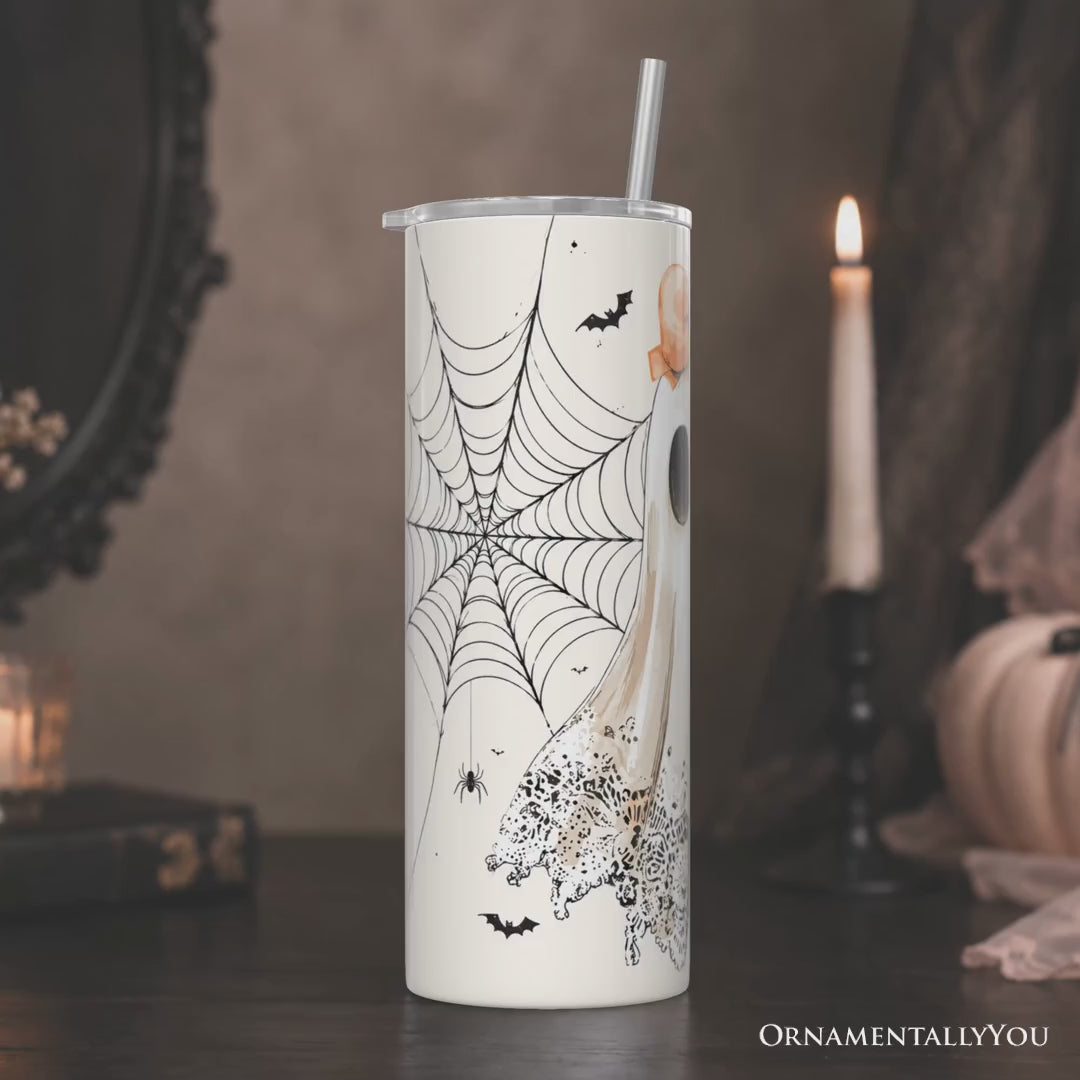 Cute Lace Ghost Coquette 20oz Personalized Tumbler With Lid and Stainless Steel Straw, Floral Vintage Halloween Gift Cup
