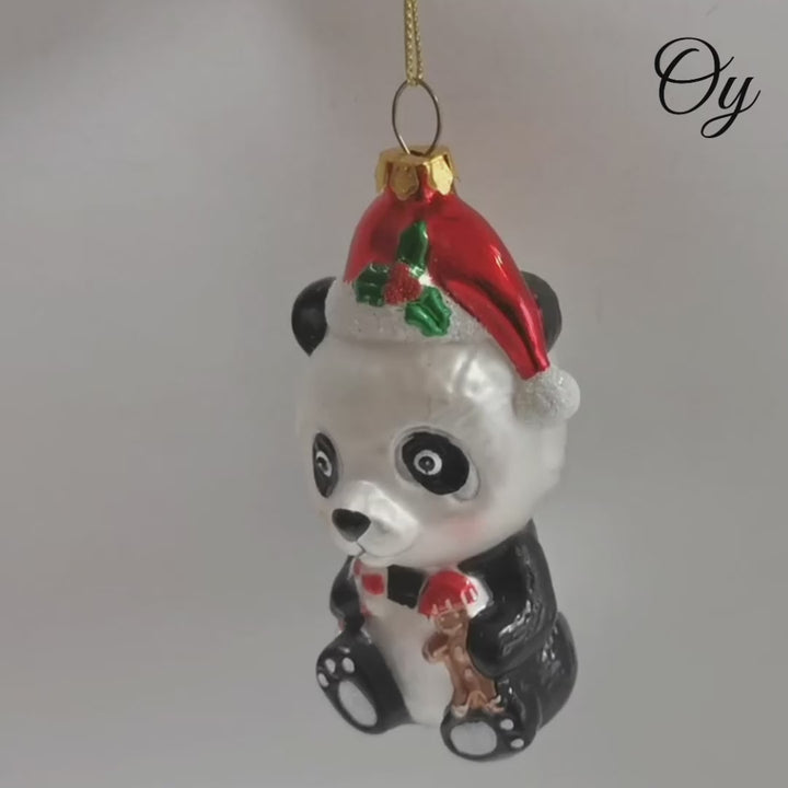 Cute Panda with Santa Hat and Gift Blown Glass Christmas Ornament