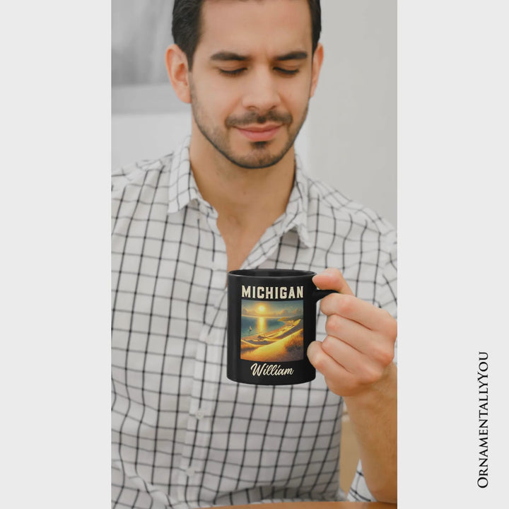 Scenic Michigan State Sleeping Bear Dunes Personalized Mug, Great Lakes Sunset Gift and Coastal Souvenir with Custom Name