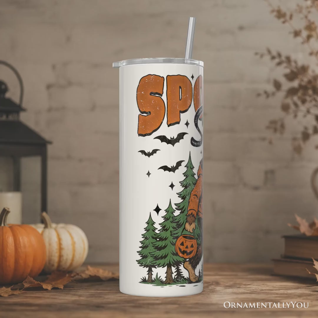 Bigfoot Spooky Season 20oz Personalized Tumbler With Lid and Stainless Steel Straw, Retro Halloween Forest Gift Cup