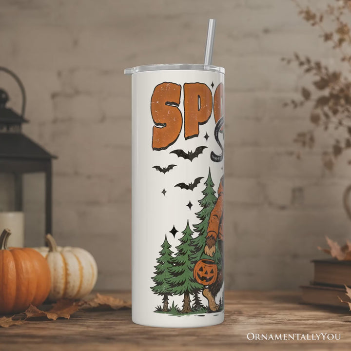 Bigfoot Spooky Season 20oz Personalized Tumbler With Lid and Stainless Steel Straw, Retro Halloween Forest Gift Cup