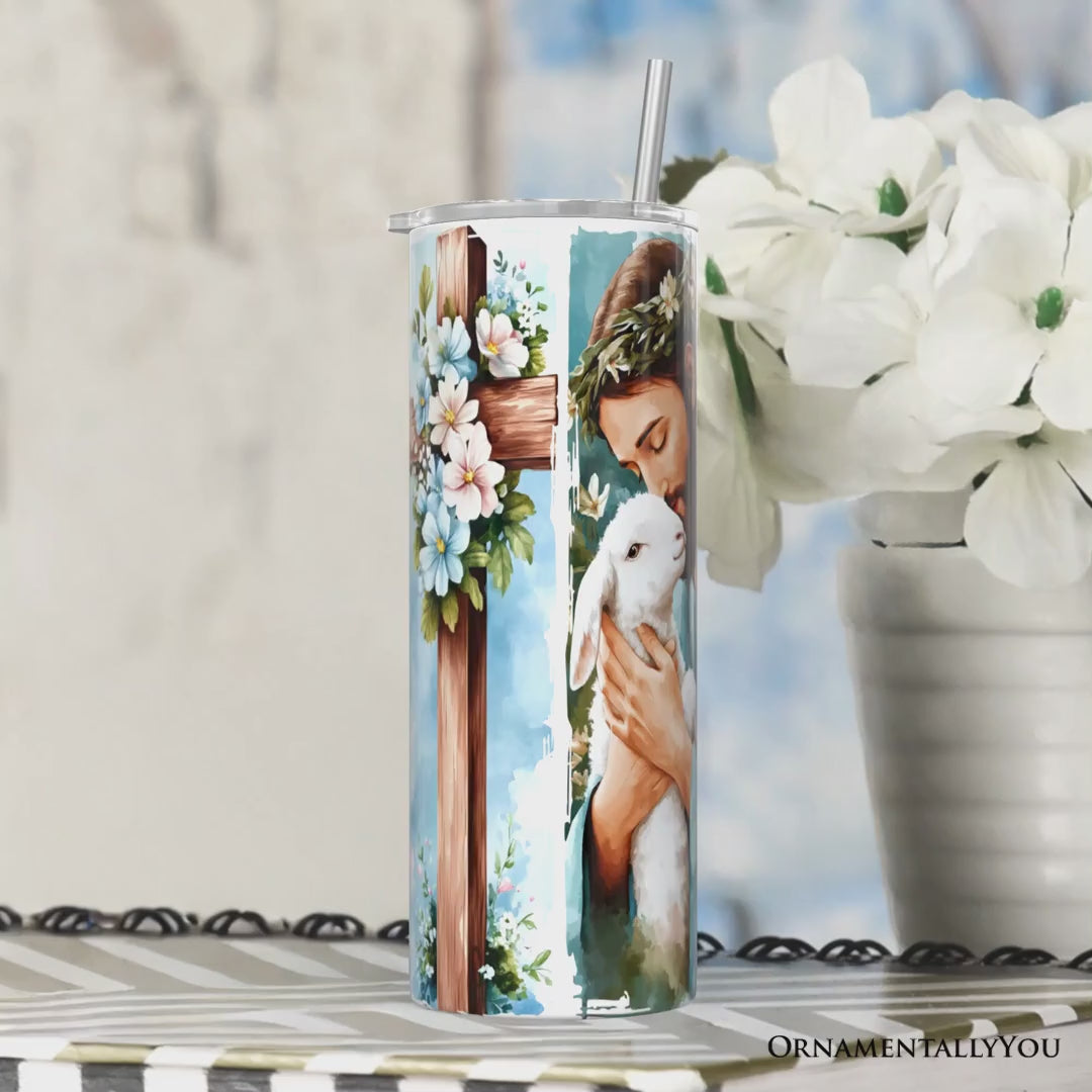 Jesus has Risen 20oz Personalized Tumbler With Lid and Stainless Steel Straw, Easter Blue Brushstrokes Spring Gift Cup