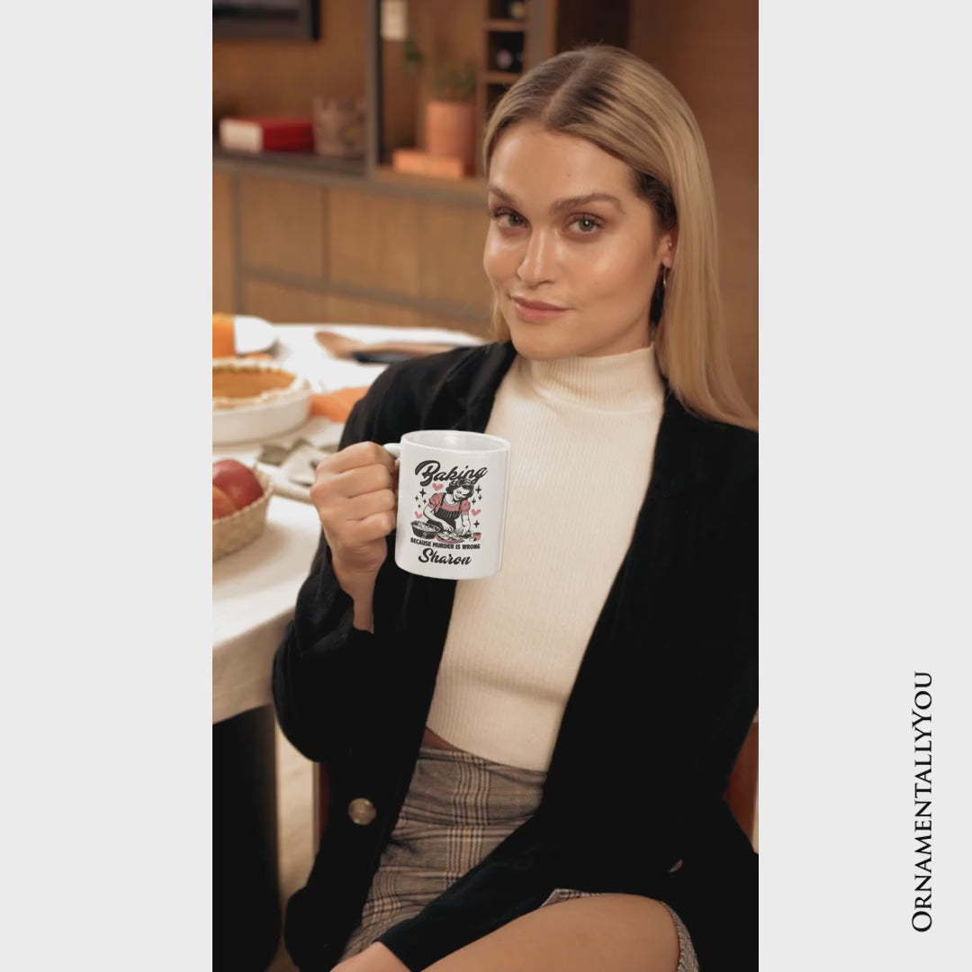 Baking Because Murder Is Wrong Anti-Valentine Personalized Mug, Funny Retro Kitchen Gift with Custom Name