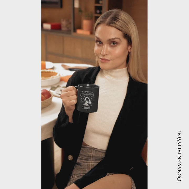 Alien Cat Abduction Personalized Mug, Funny UFO Space Cats Cosmic Gift with Custom Name