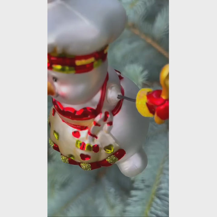 Cheerful Holiday Snowman Chef Glass Christmas Ornament