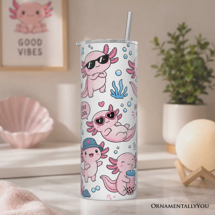 Pink Axolotl Vibe 20oz Personalized Tumbler With Lid and Stainless Steel Straw, Sea Animal Pattern Gift Cup