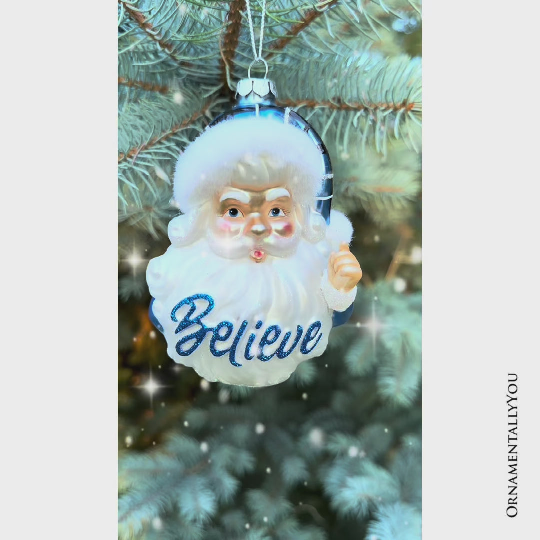 Vintage Blue Santa Believe Glass Christmas Ornament