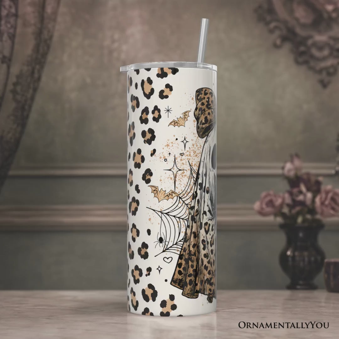 Leopard Ghost With Black Cat 20oz Personalized Tumbler With Lid and Stainless Steel Straw, Coquette Halloween Gift Cup