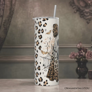 Leopard Ghost With Black Cat 20oz Personalized Tumbler With Lid and Stainless Steel Straw, Coquette Halloween Gift Cup