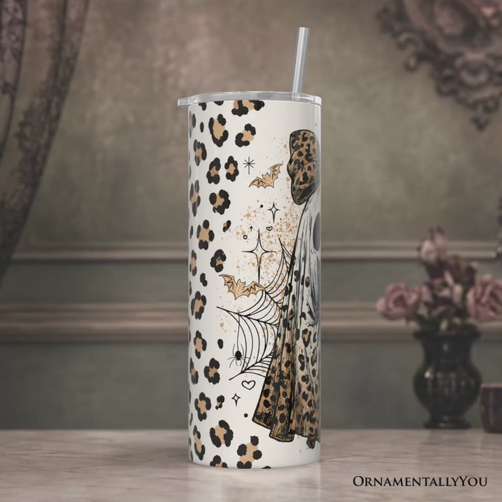 Leopard Ghost With Black Cat 20oz Personalized Tumbler With Lid and Stainless Steel Straw, Coquette Halloween Gift Cup