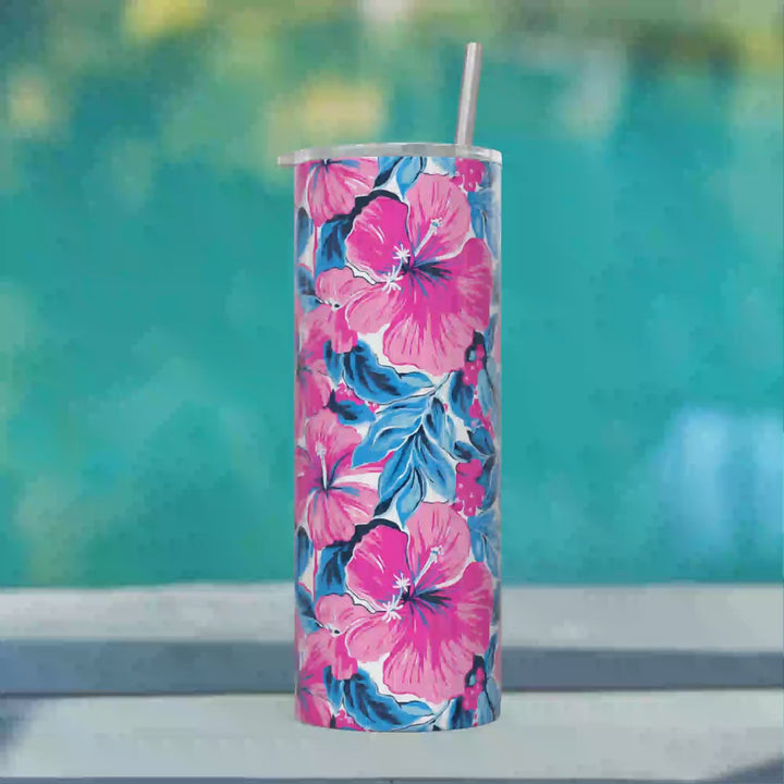 Pink and Blue Hibiscus Flowers 20oz Personalized Tumbler With Lid and Stainless Steel Straw, Vibrant Summer Floral Gift Cup