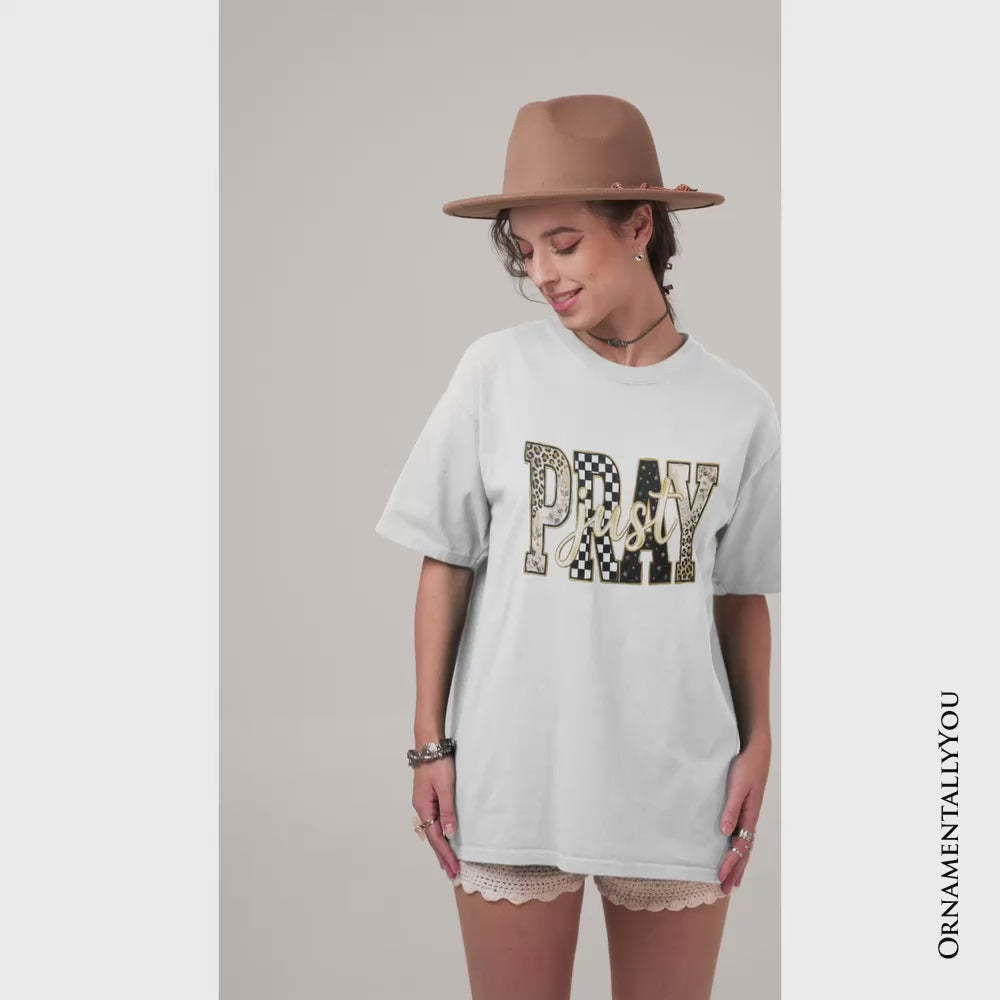 Just Pray Christian Varsity T-Shirt, Retro Leopard Checkered Faith Tee