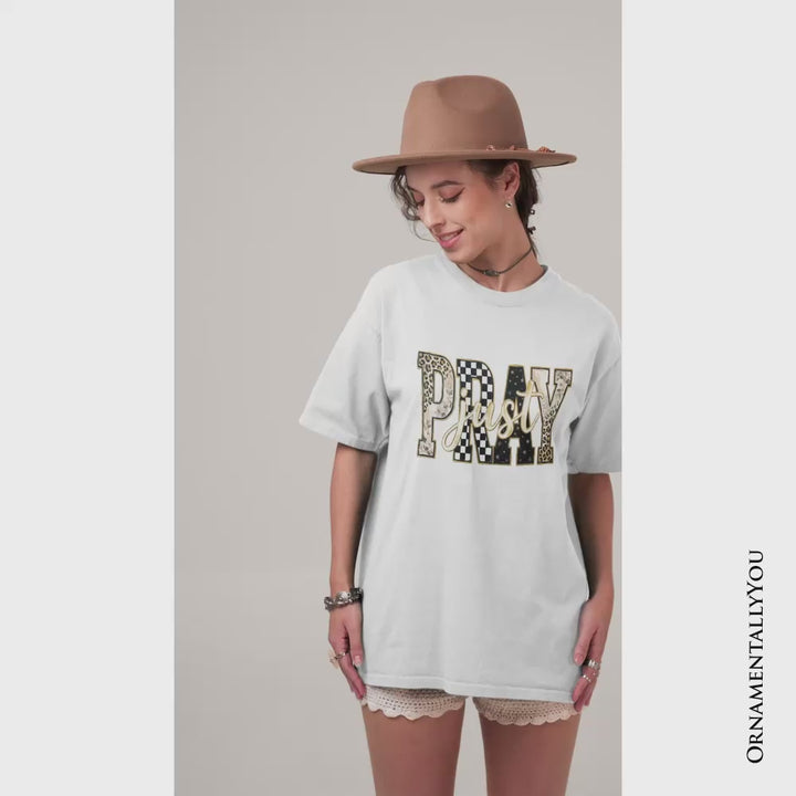 Just Pray Christian Varsity T-Shirt, Retro Leopard Checkered Faith Tee