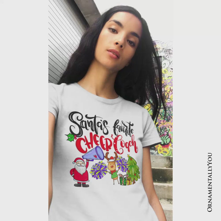 Santa’s Favorite Cheer Coach Christmas T-Shirt, Festive Cheerleading Tee