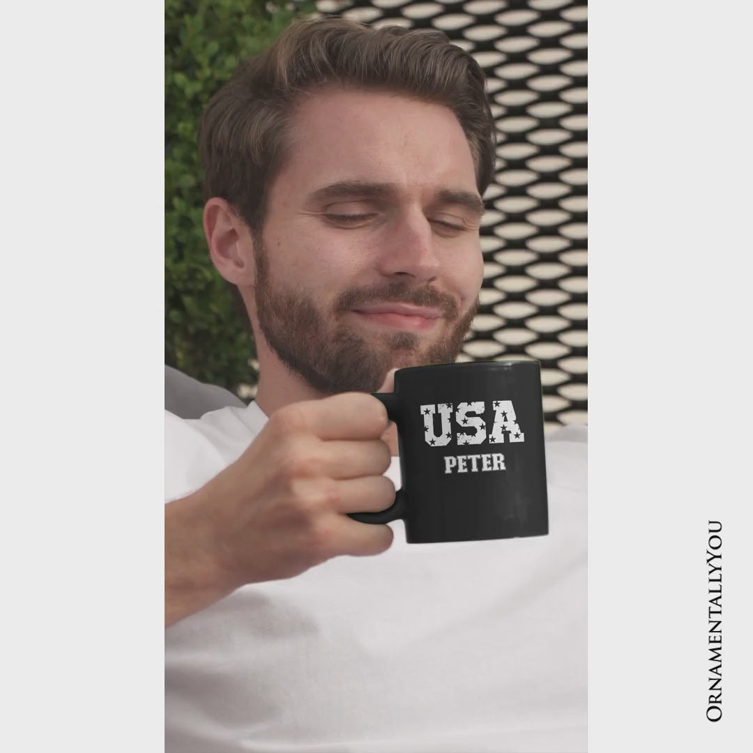 USA Block Letters Personalized Mug, Vintage Patriotic Gift with Custom Name