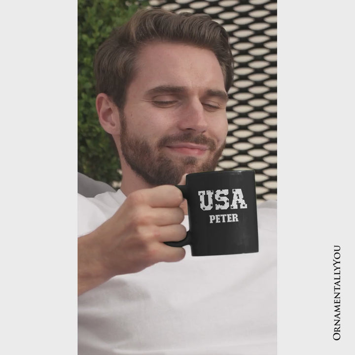 USA Block Letters Personalized Mug, Vintage Patriotic Gift with Custom Name