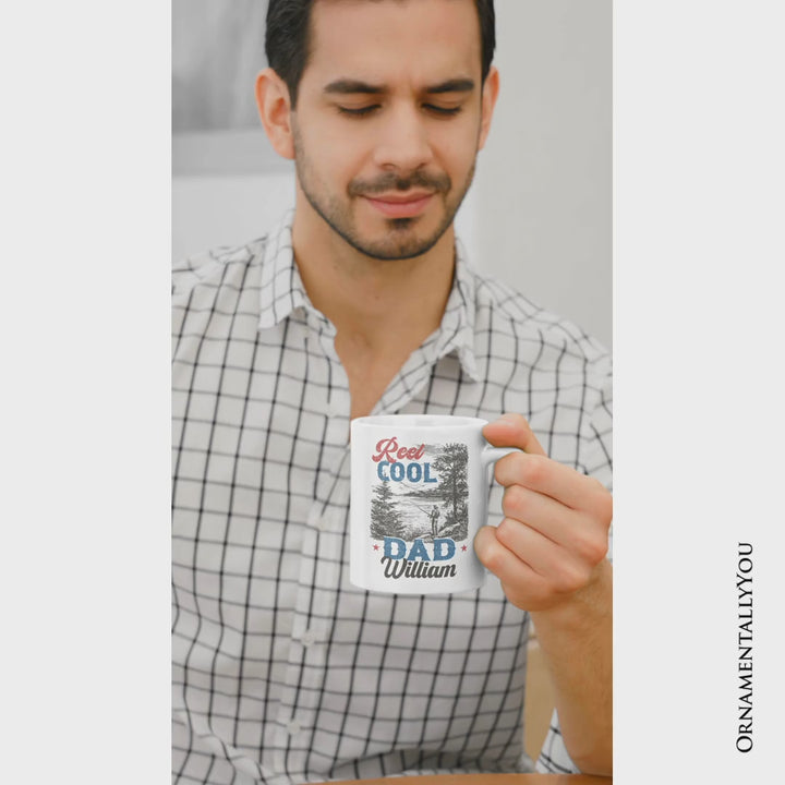 Reel Cool Dad Fishing Personalized Mug, Funny Vintage Fisherman Fatherhood Gift with Custom Name