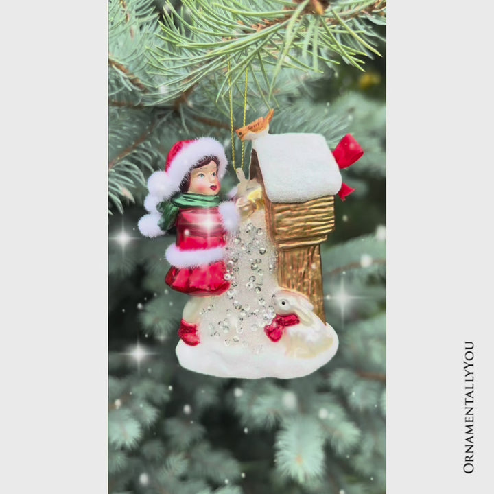 (Pre-Order) Quaint Little Winter Girl Feeding the Birds Glass Christmas Ornament, Cardinal Birdhouse Tree Decor