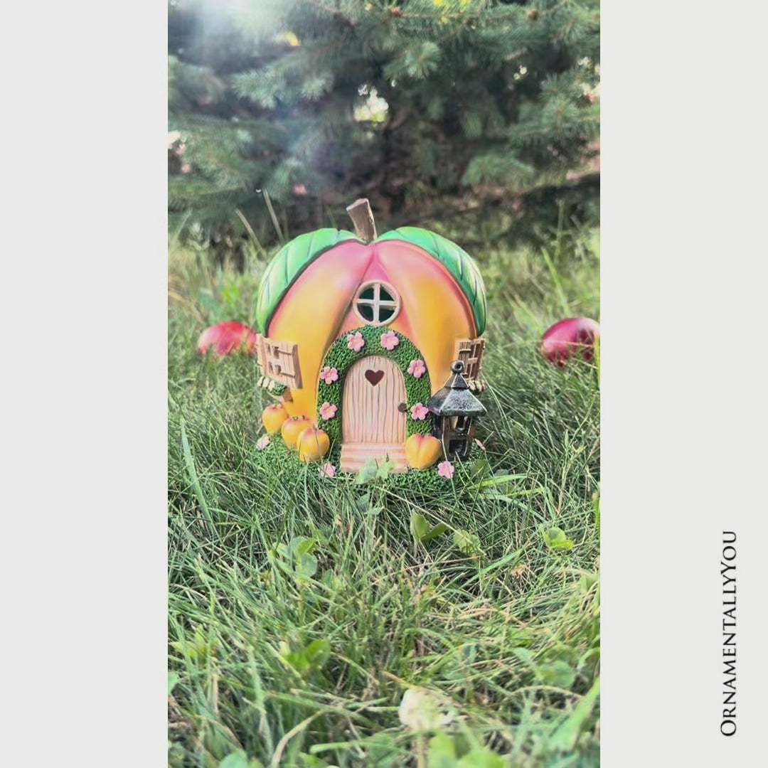 Solar Powered Peach Themed Garden Home Statue, 7" Lighted Cottage Figurine Outdoor Decor