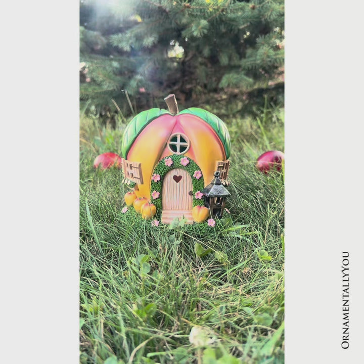 Solar Powered Peach Themed Garden Home Statue, 7" Lighted Cottage Figurine Outdoor Decor