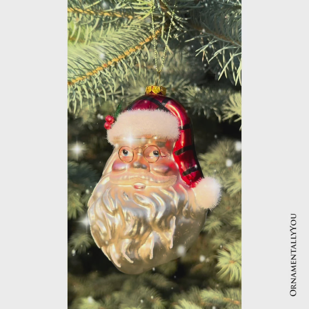 Cheerful Santa Head Sparkling Glass Christmas Ornament