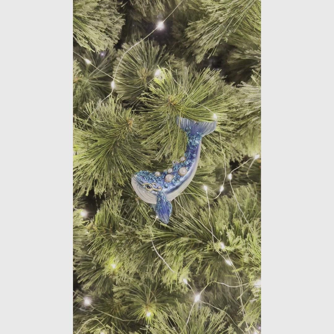 Dazzling Blue Whale Glass Ornament, Glitter and Rhinestones Christmas Decor